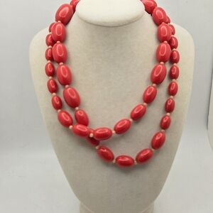 Vintage Cherry Red Chunky Oval Bead Statement Necklace - 30”